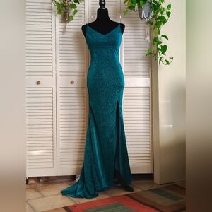 Stunning Teal Glitter Prom Dress with High Slit Size 4 – Like New